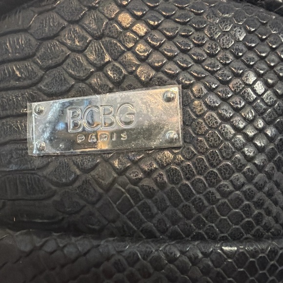 BCBG Paris Black Faux Snakeskin Mini Backpack Chain Detail